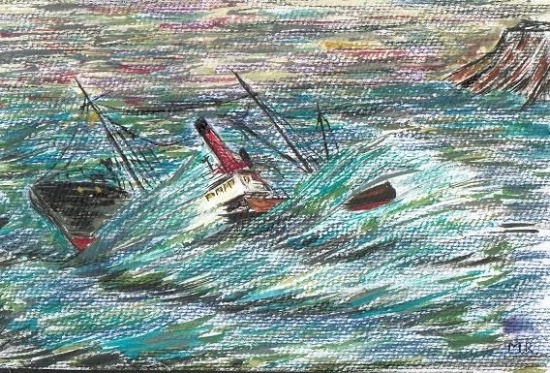 Trałowiec rybacki w trakcie sztormu