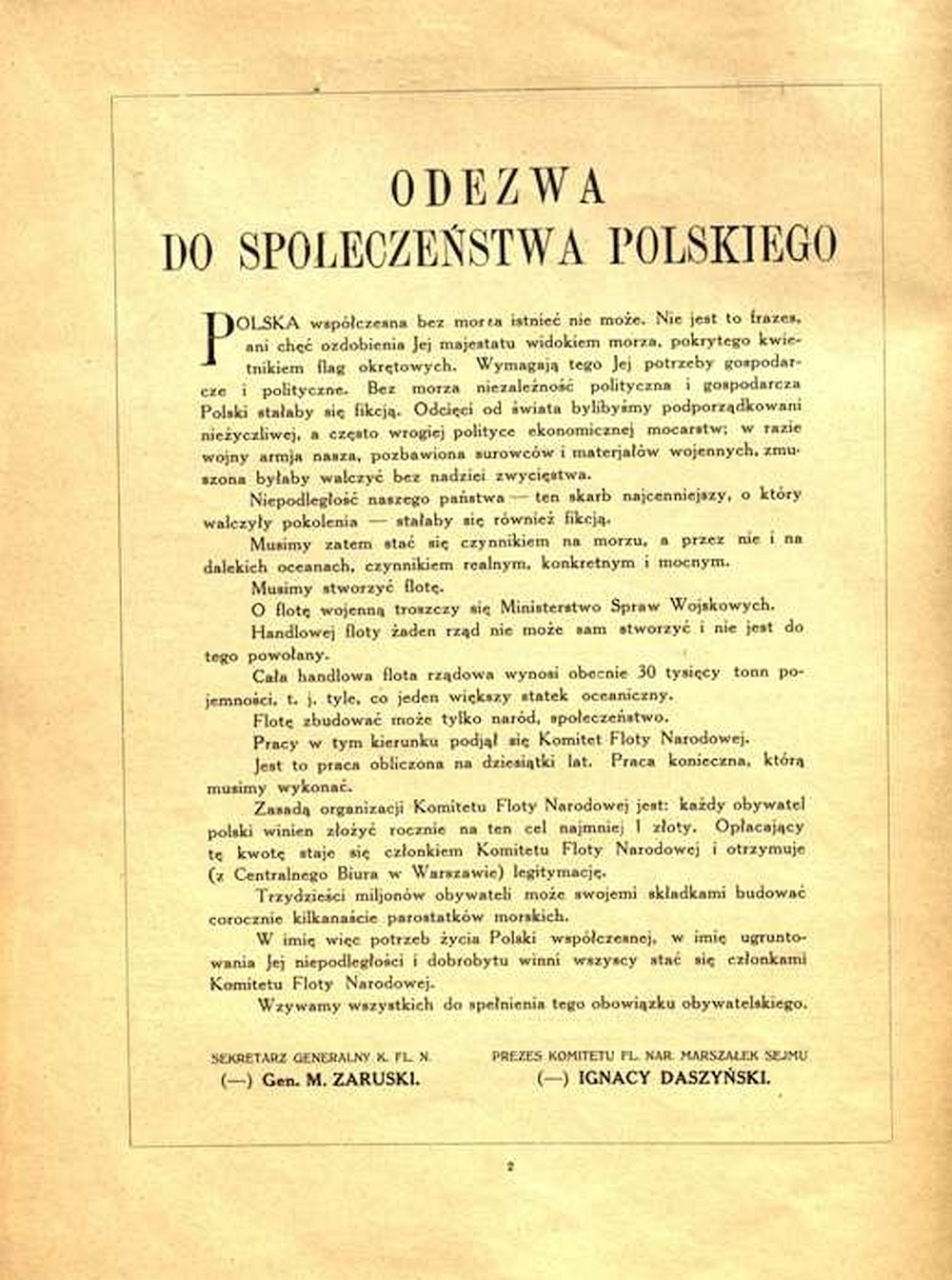 Odezwa Ignacego Daszyńskiego z 1 numeru „Flota Narodowa” z grudnia 1928