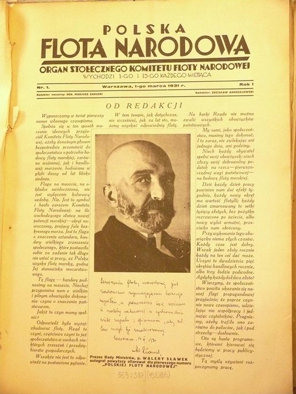 Strona redakcyjna pierwszego numeru czasopisma „Polska Flota Narodowa” z 1 marca 1931 roku