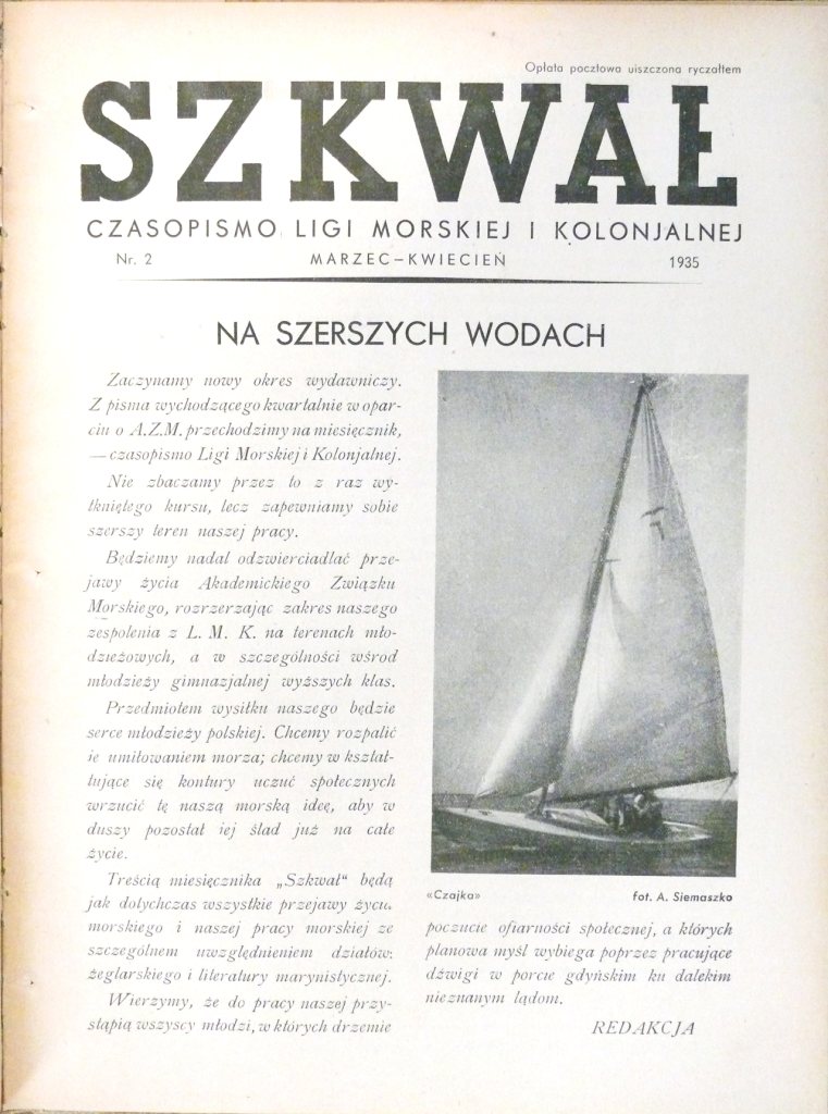 Strona redakcyjna numeru lutowo-marcowego "Szkawał" z 1935, pierwszego wydawanego przez LMiK