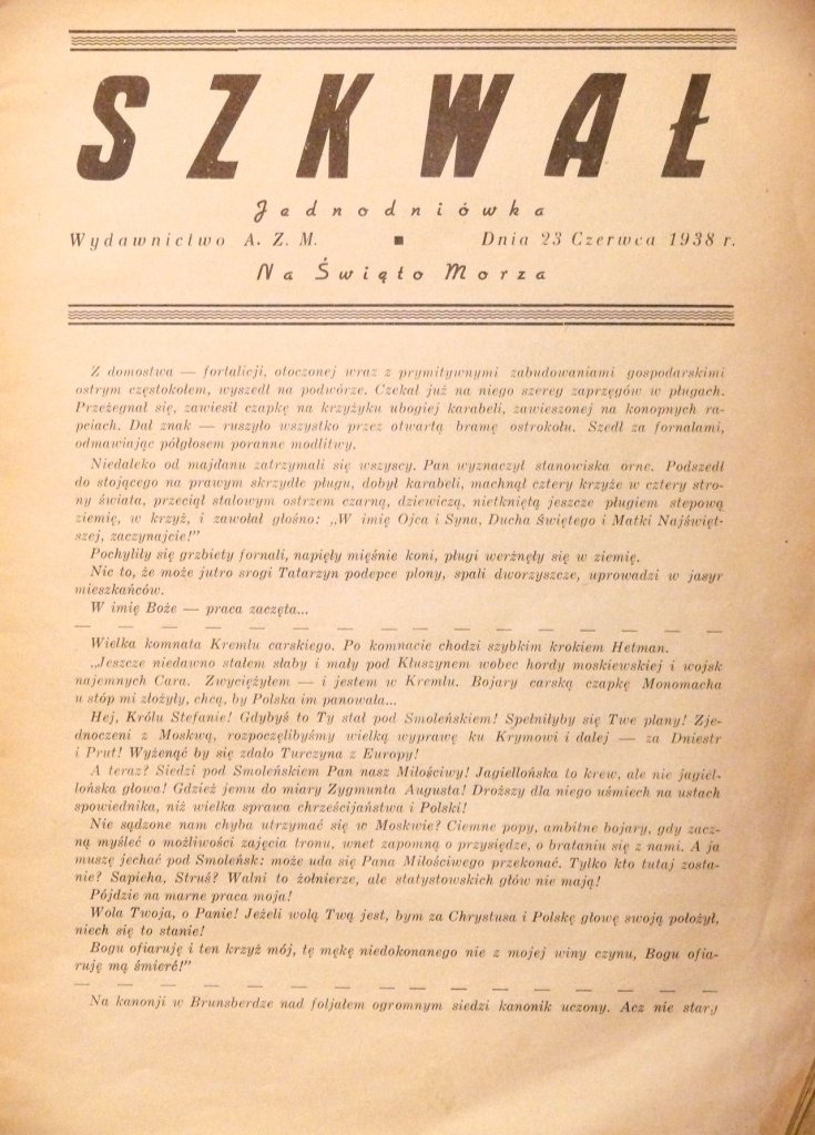 Strona redakcyjna jednodniówki „Szkwał” z roku 1937