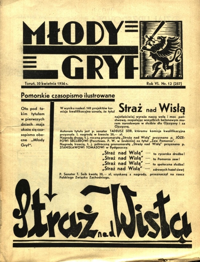 Okładka pierwszego numeru toruńskiego czasopisma „Młody Gryf” z 5 kwietnia 1931 roku