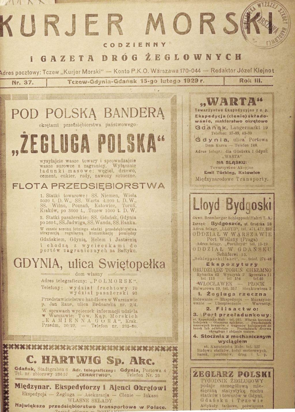 1 wydanie Kurjera Morskiego z 15 lutego 1929r.