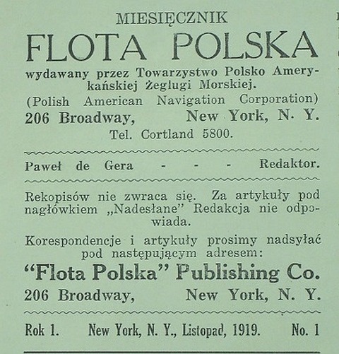 Stopka redakcyjna  pierwszego numeru nowojorskiej  „Floty Polskiej” z listopada 1919 roku