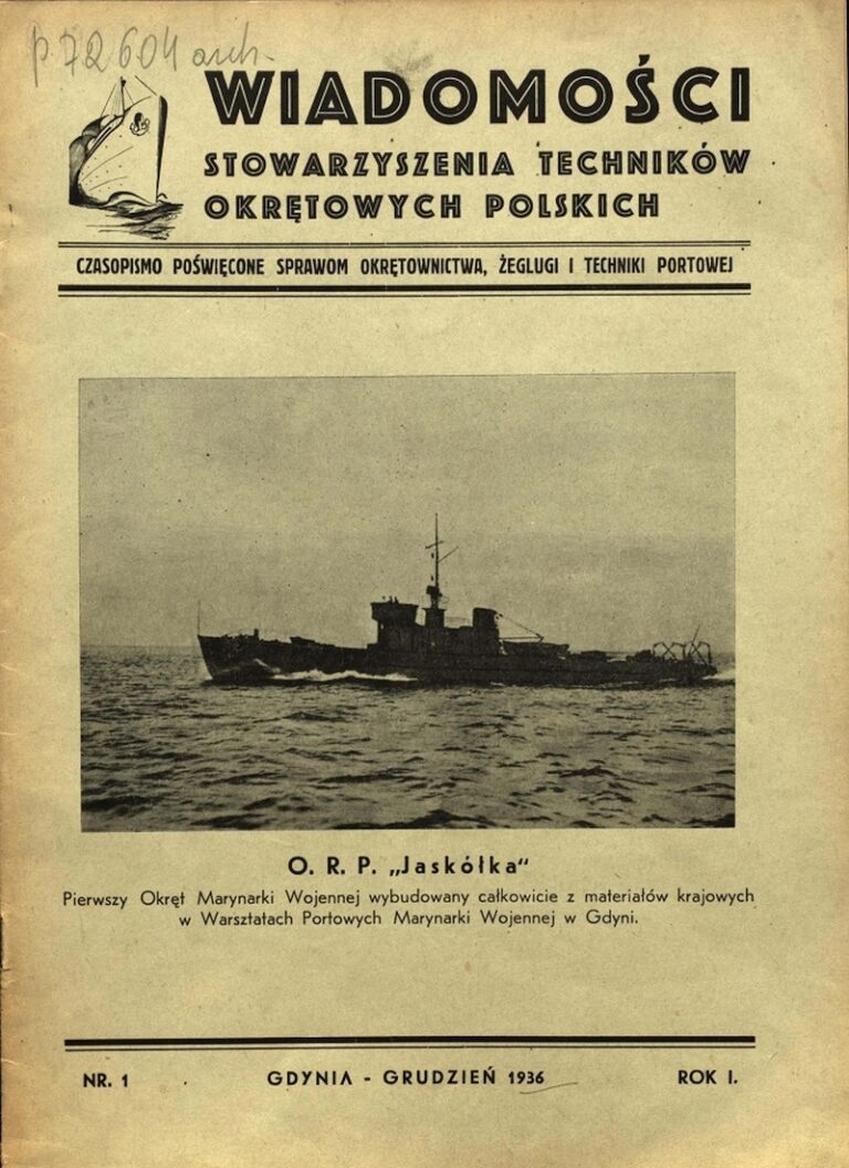 Okładka pierwszego numeru czasopisma „Wiadomości Stowarzyszenia Techników Okrętowych Polskich” z grudnia 1936 roku.