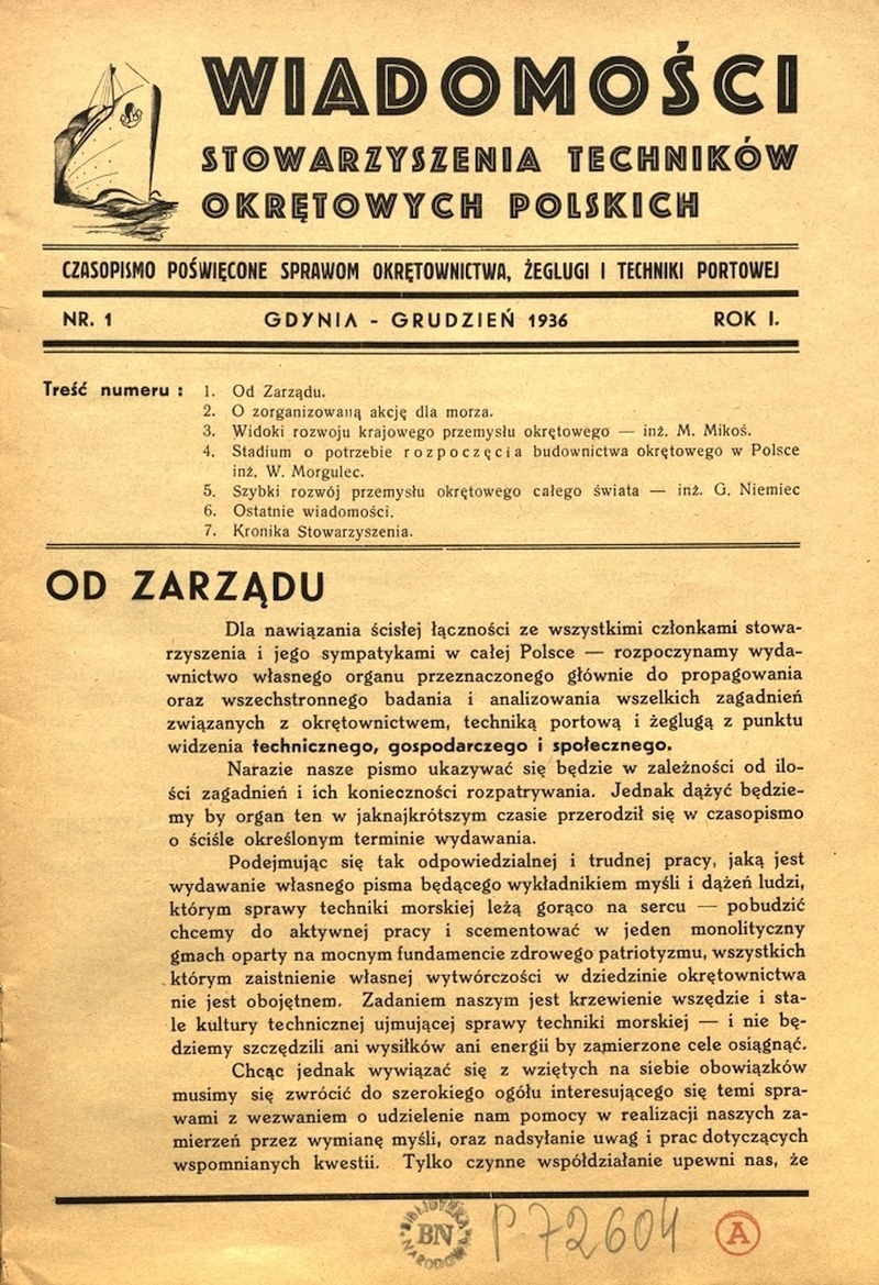 trona redakcyjna pierwszego numeru czasopisma „Wiadomości Stowarzyszenia Techników Okrętowych Polskich” z grudnia 1936 roku.