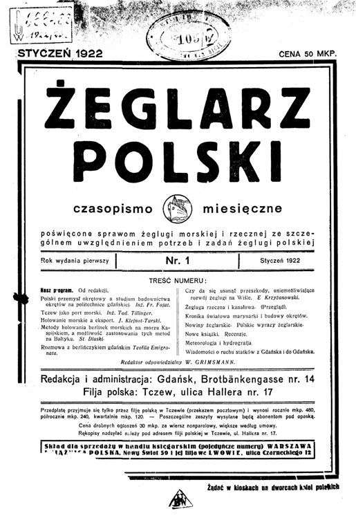Okładka pierwszego numeru czasopisma „Żeglarz Polski” ze stycznia 1922 roku
