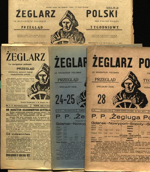 Okładki egzemplarzy z 1923 i 1930 roku ilustrujące zmianę formatu pisma i kolor okładki oraz porównanie okładek czasopisma „Żeglarz Polski” z roku 1927 i 1930