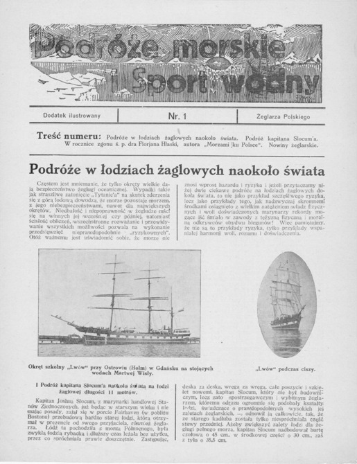 Pierwsza strona dodatku „Podróże morskie i Sport wodny” dołączonego do numeru marcowego „Żeglarza Polskiego”